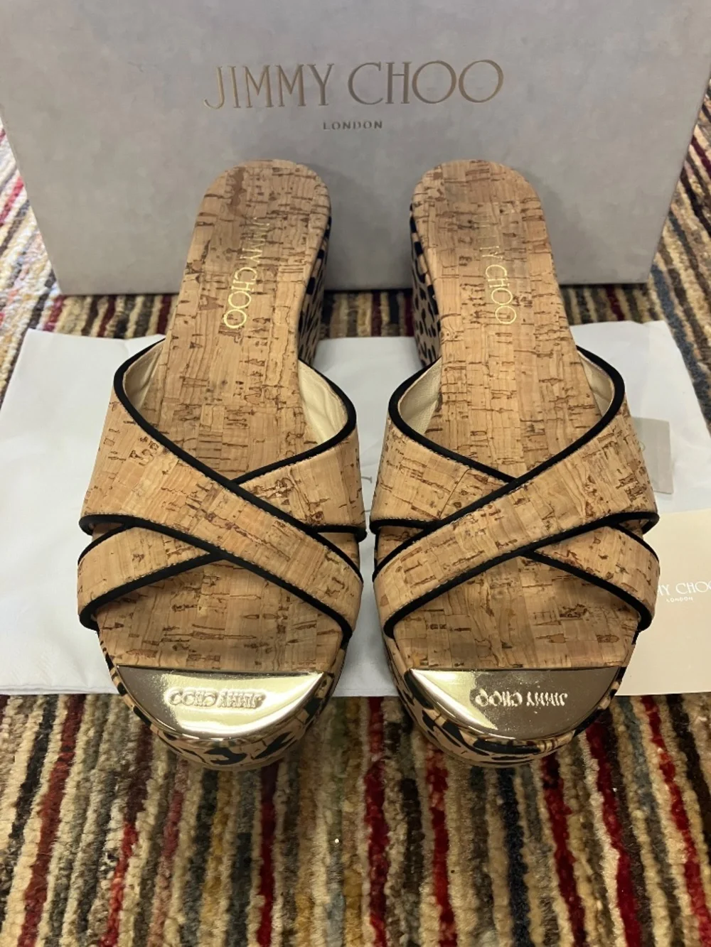 NEW Jimmy Choo USA 7 - Open Toe, Nude with Black Leopard Print, Cork Wedges